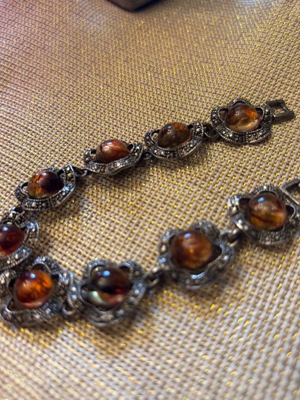 VTG 1950s Marcasite & Amber Glass Cabochon Flower Bracelet